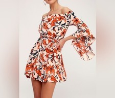 Lulus Blushing Blooms Floral Off Shoulder Mini Dress Womens S Nude Boho Romance