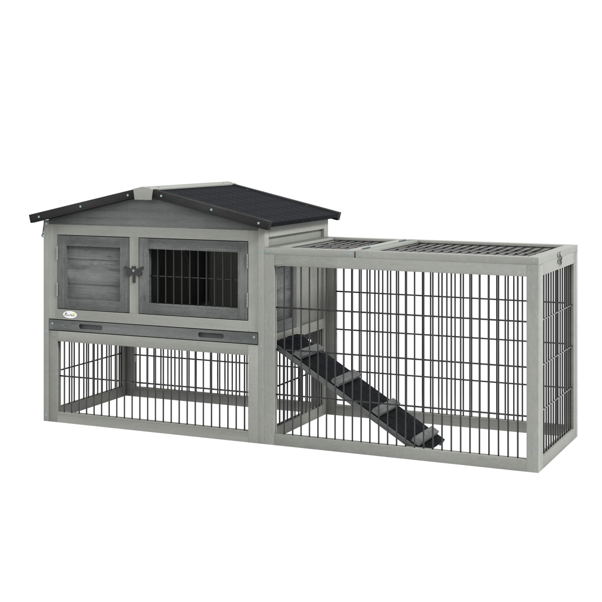 Pawhut Rabbit Hutch, Wooden Guinea Pig Hutch With Run & Tray, Grey - Image 3