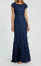 Mac Duggal 67711 Floral Applique Boat Neck Cap Sleeve Gown SZ 8 Midnight $598