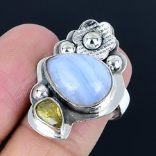 Outstanding Blue Lace Agate, Citrine 925 Sterling Silver Ring Size Adj.