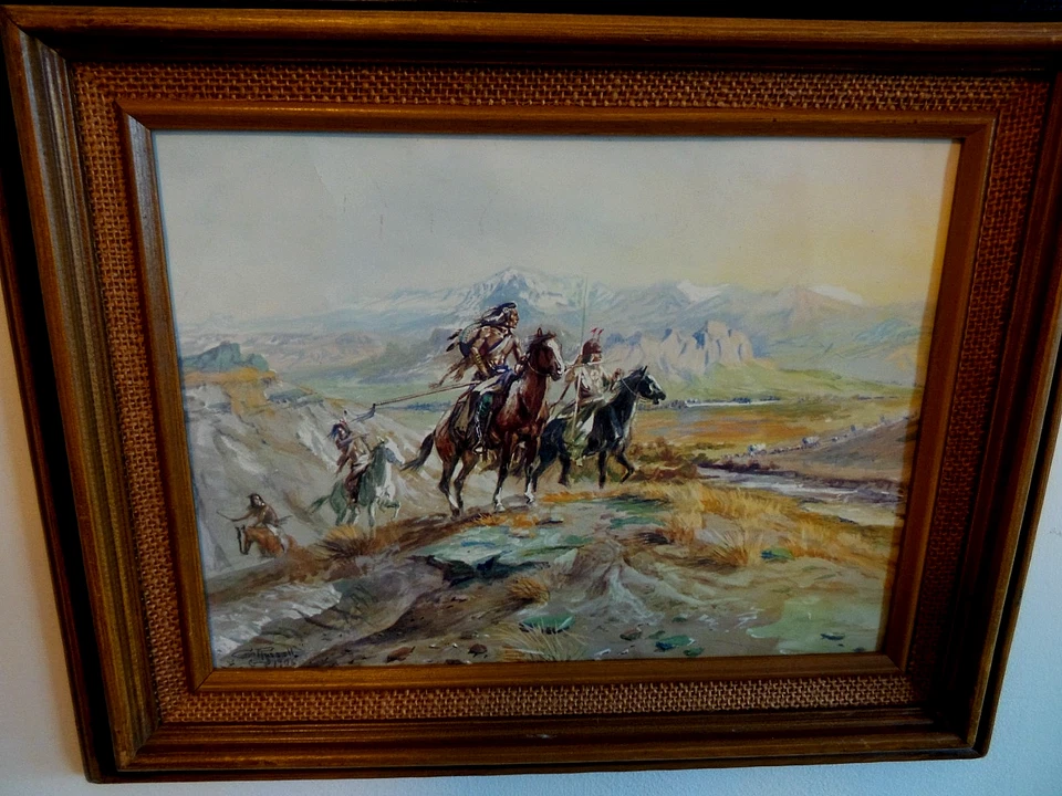 Placa litográfica rara vintage Charles M Russell "intrusos" emoldurada 16"x13" - Imagem 2 de 4