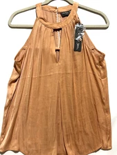 Michael Stars New High Neck keyhole Tan Blush Top Blouse Satiny pleated career