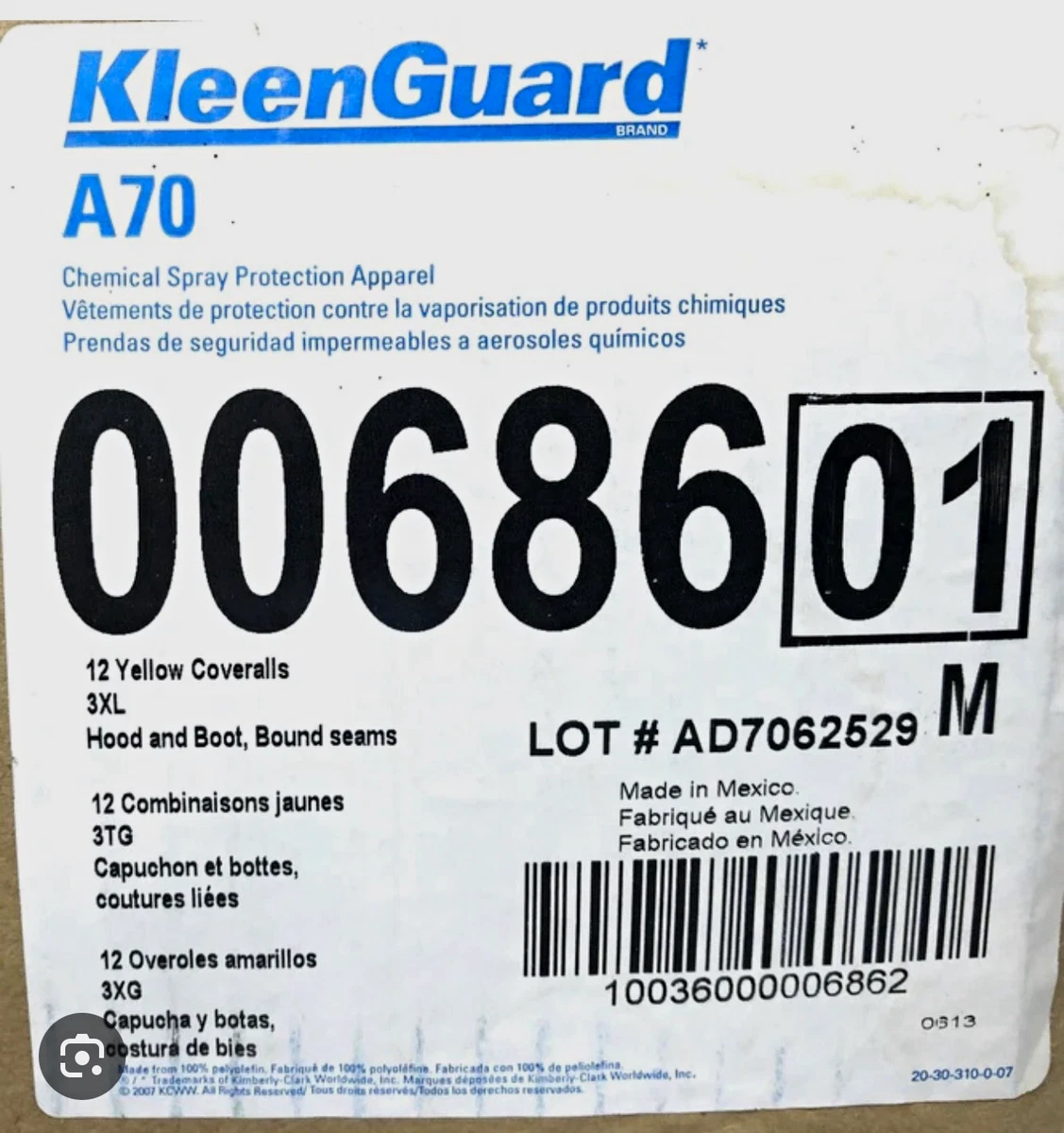 Mono de protección contra pulverizaciones químicas KleenGuard A70 amarillo unisex 3XL 00686