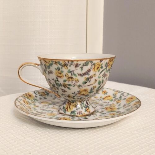 Yasuga Ware Chintz Teacup Saucer Pedestal Yellow Flowers Leaves Gold Rim Japan - Picture 3 of 12