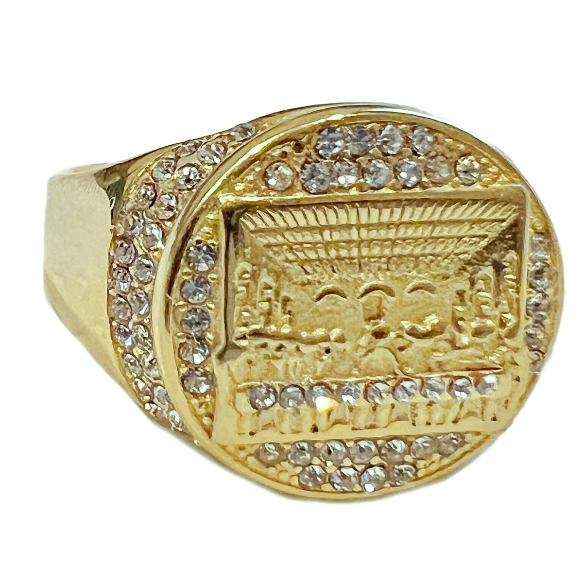 14K Gold Plated The Last Supper Big Round Ring Stainless Steel Iced Simulated CZ