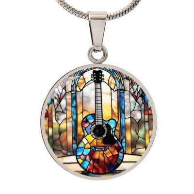 Engraved Stained Glass Guitar Necklace - Handcrafted and Unique