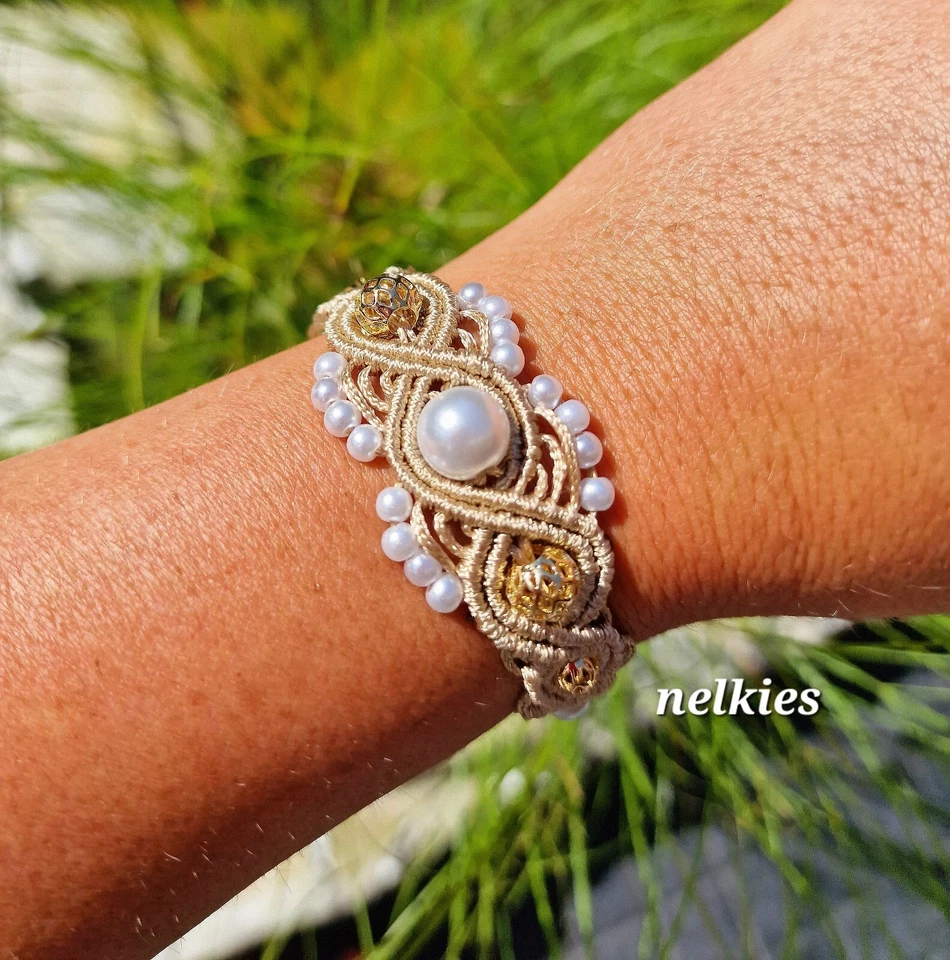 Makramee Armband Creme Gold Perlen Steine Pandahall Freundschaftsband Schmuck - Bild 4 von 4