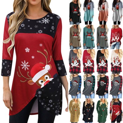 Womens Christmas Xmas Elk Long Sleeve 