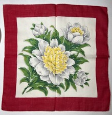 Vintage White Peonies Cotton Handkerchief 13.5 Inch Beautiful