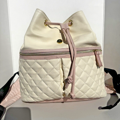 Betsey Johnson Quilted Cream & Pink Backpack w/Bow Accent 10”x 11.5”x 4” EUC NWOT XOX Betsey Johnson Backpack Quilted Cream & Pink w  main image 3