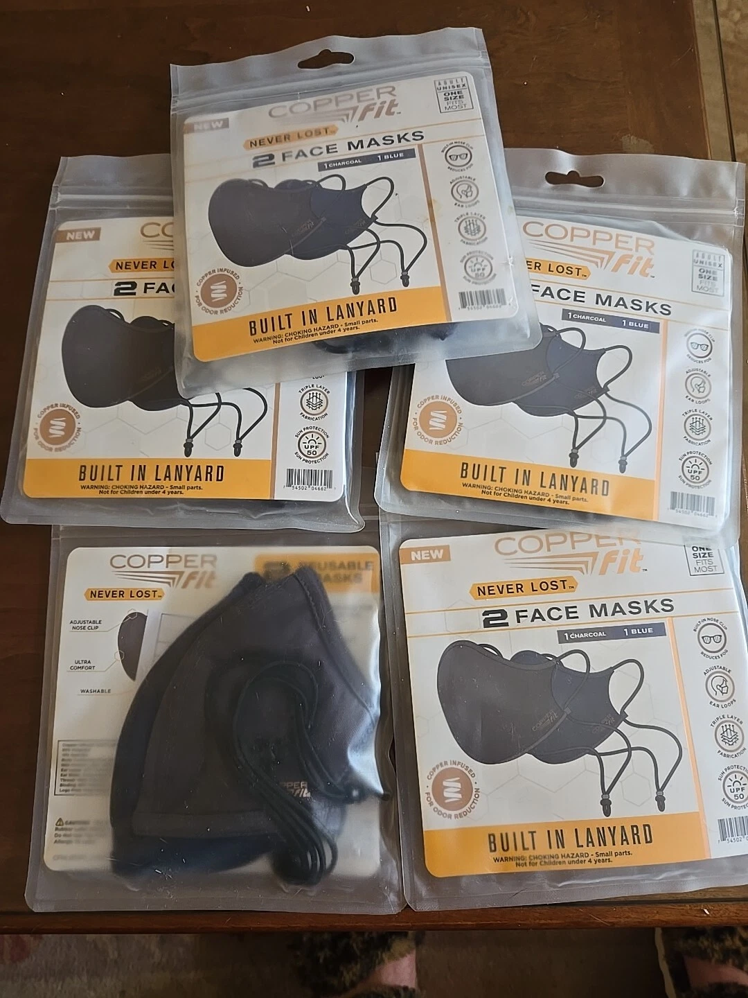 NEW (5) 2-Packs COPPER Fit Face Masks. Built In Lanyards