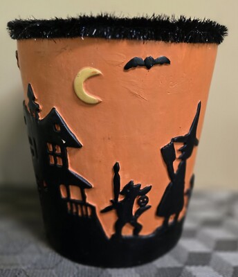 Orange & Black Halloween Canister Trash Can Bin Wastebasket; 10.25'' Tall
