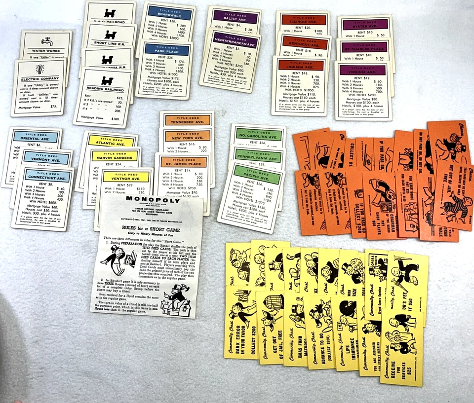 Lote de cartas y reglas de cofre comunitario de oportunidad de propiedad de juego Monopoly 1961 de colección EE. UU. Foto 2 de 4