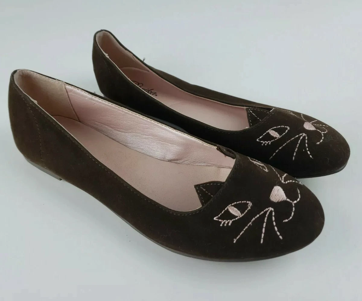 Paprika Brand Embroidered Cat Kitten Face Flat Dress Shoes Brown Velvet 10
