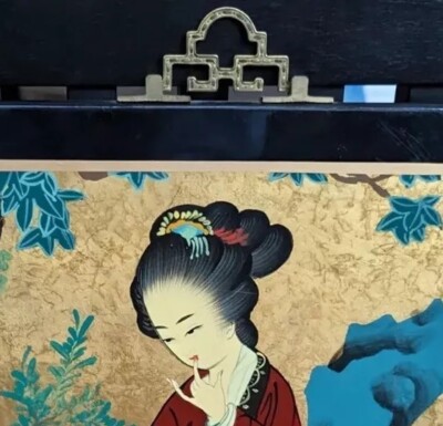 Vintage Japanese Hand Painted Lacquer Wood Panel Geisha Gold Black