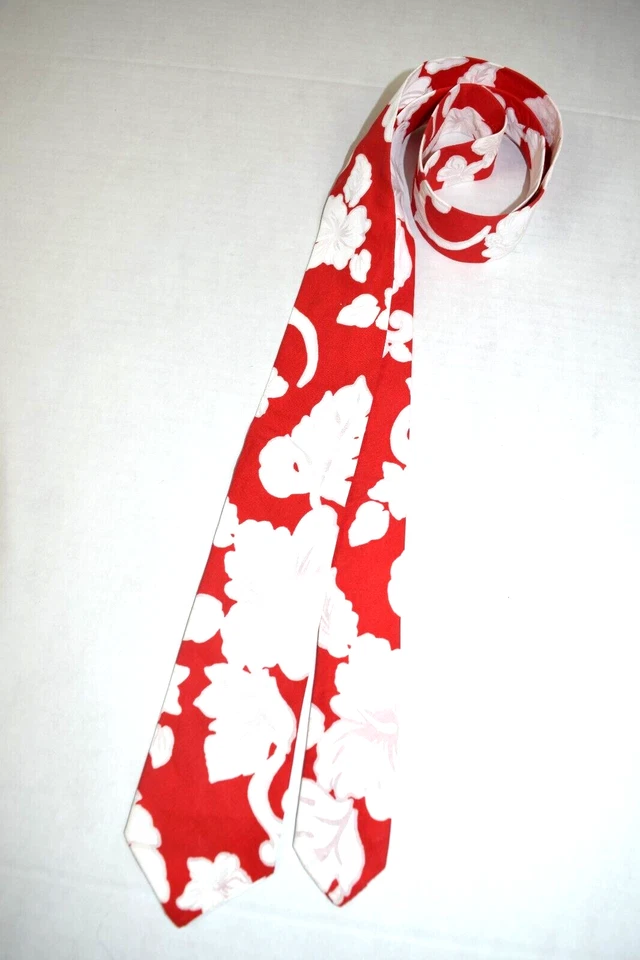 Corbata de cuello de colección años 50 60 roja y blanca corbata de algodón hawaiano 58" x 2,5" única Foto 2 de 4
