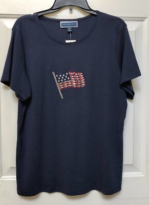 KAREN SCOTT WOMEN'S TOP PLUS SIZE AMERICAN FLAG, PATRIOTIC, NAVY PULLOVER