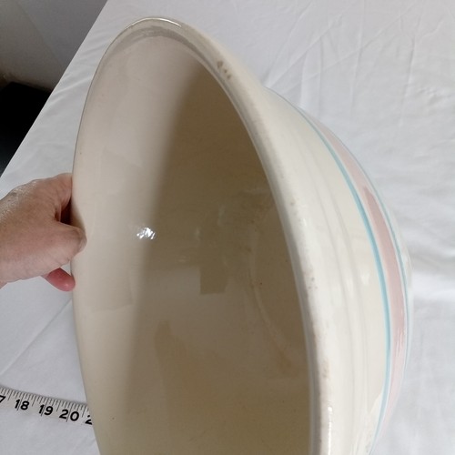 Vintage Large 12" Oven Ware Pottery Mixing Bowl Yelloware Pink Blue Stripe USA - Picture 8 of 8
