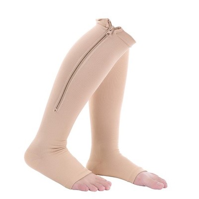 Compression Socks Sports Calf Knee Support Varicose Relief Nude L/XL Zipper