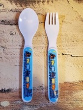 Trains Fork Spoon Melamine Set Baby Boy Toddler Blue/White