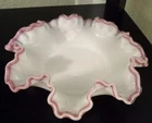 Fenton RUFFLED 8" BOWL Apple Blossom Milk Glass Pink Crest 1960s