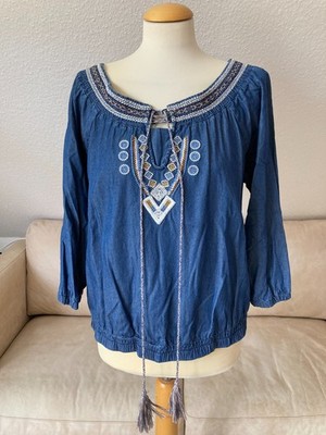 CREAM Stylishe Damen Jeans Bluse Gr 40 Blau bestickt Hingucker 3/4 Arm Top TIPP!