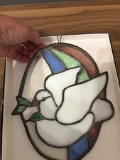 Vintage White Dove Stained Glass Hanging Suncatcher 9  H x 10.5  W