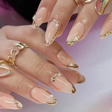 24Pcs Gold French Tip Press on Nails Medium Almond French Tip Nails Almond -20