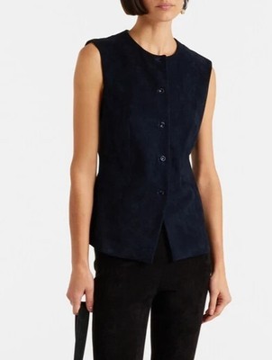 Women's Handmade Lambskin Leather Navy Blue Stylish Party Vest Coat Soft Fit
