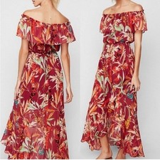 EXPRESS Women Small Burgundy Floral Chiffon Ruffled Maxi Dress Wedding Guest