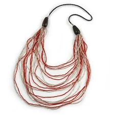 Long Layered Multi-strand Brick Red/ Transparent Glass Bead Black Faux Leather