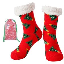 Christmas Slipper Socks for Women, Fuzzy Grips Non Slip Thick 1pair-xmastree