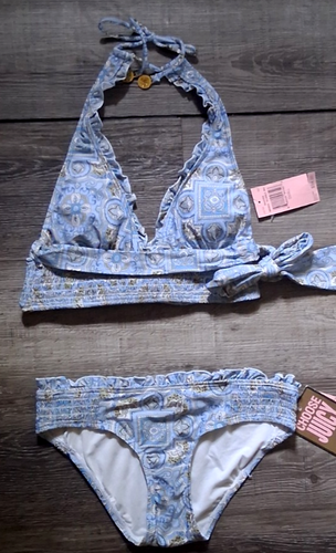 Maillot De Bain 2 Pièces Hobie – Haltéré Bandeau & Hipster – Noir à Motif Roses – Taille S – Neuf Avec Étiquettes