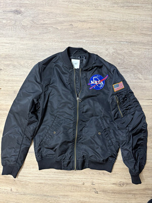 H&M NASA Patch Bomber Jacket Black Full Zip Pockets Men's Size S