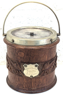 Antique Wooden / Ceramic Biscuit Barrel w/ EPNS Lid