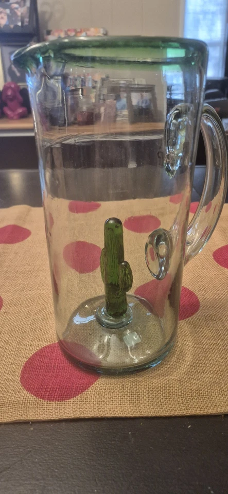 Novo Jarro de Vidro Mexicano Soprado à Mão com Arte de Cacto Saguaro Verde 3D Dentro - Imagem 2 de 4