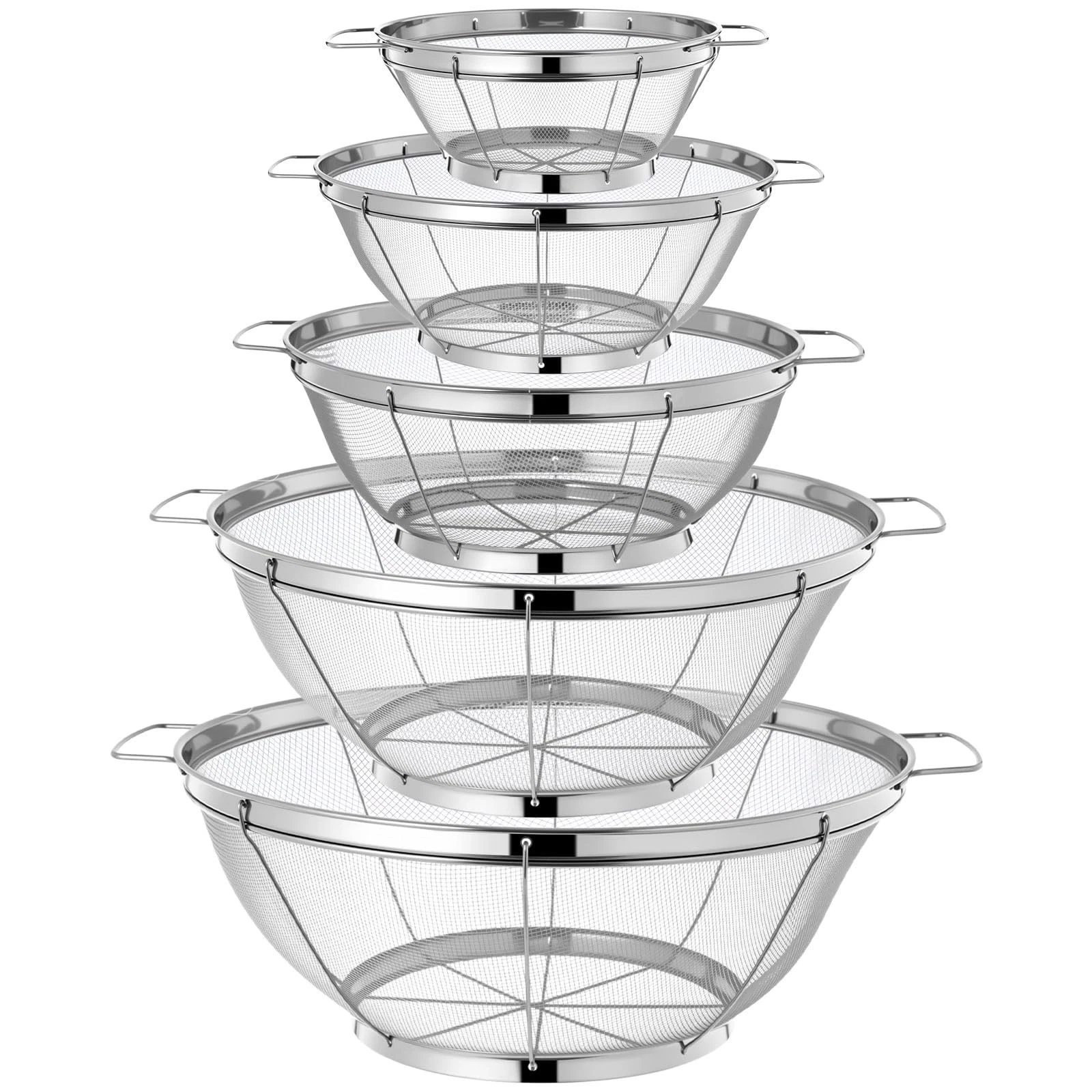 5 Pack Stainless Steel Colander Set, Fine Mesh Strainer with Handles and Base...