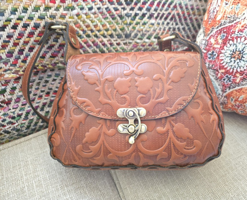 Patricia Nash Brown Tan Floral Embossed Italian Folklore Michael Leather Bag
