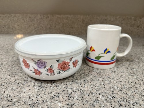 Enamel Bowl with Lid Purple and Red Rose Print - Picture 7 of 7
