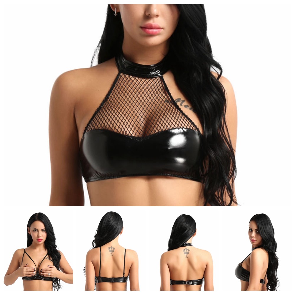 dPois Women's V Back Sexy Lingerie Faux Leather Cupless Bra Camis