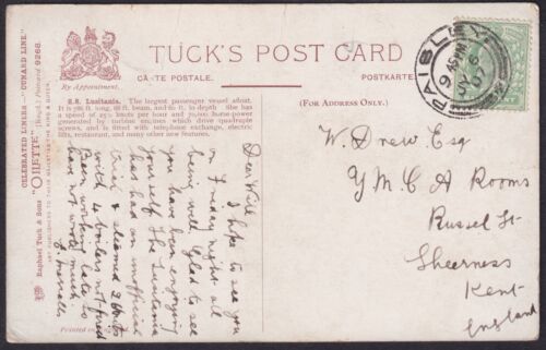 RMS Lusitania Tucks Postkarte verschickt 1907 Paisley nach Sheerness - Bild 2 von 3