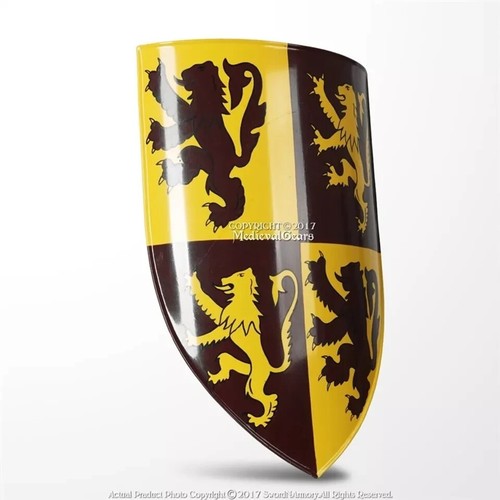 Medieval Scottish Rampant Lion Knight Heater Shield 18G Steel Grip Leather Strap - Picture 5 of 6