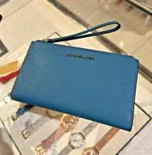 Michael Kors  Large Double Zip Wristlet Credit Card Phone Holder Wallet Teal MK