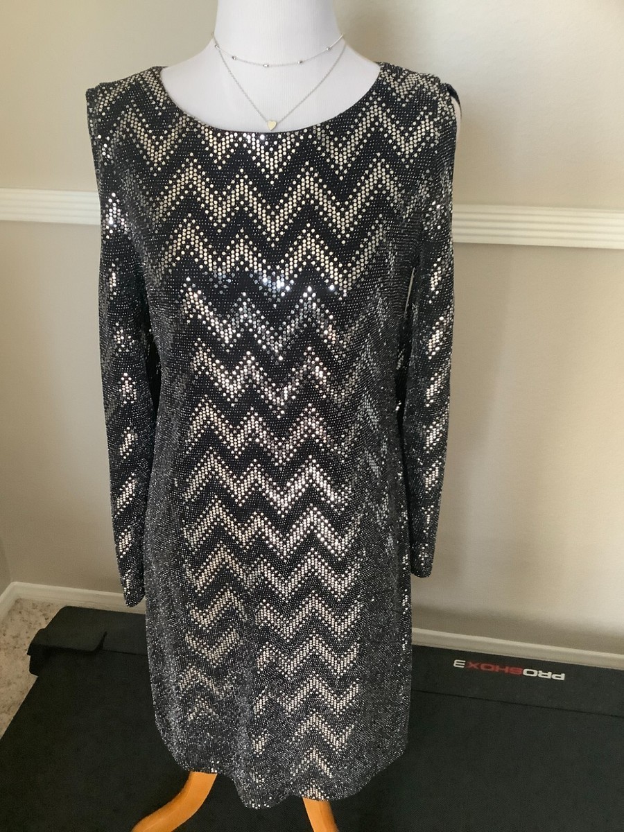 JH Evening black silver bling shimmery long sleeve Dress Size 4 euc