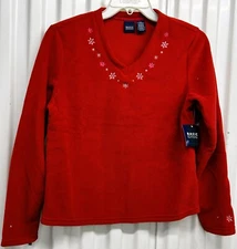 Basic Editions women size Small polar fleece embroidered V-neck and cuff red New
