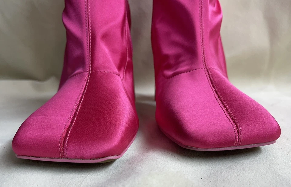 Bota Rosa Satén Talla 6.5 Tacón Alto Botines Zapatos Puntera Cuadrada Cremallera Lateral Nuevo Foto 4 de 4