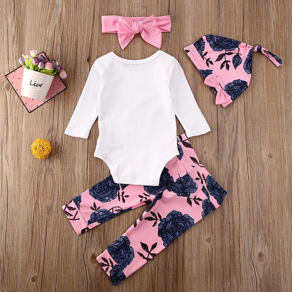 Recién Nacido Bebé Niña Pantalones Florales Estampado de Letras Mameluco Diadema Prendas para el torso Ropa Conjunto Foto 4 de 4