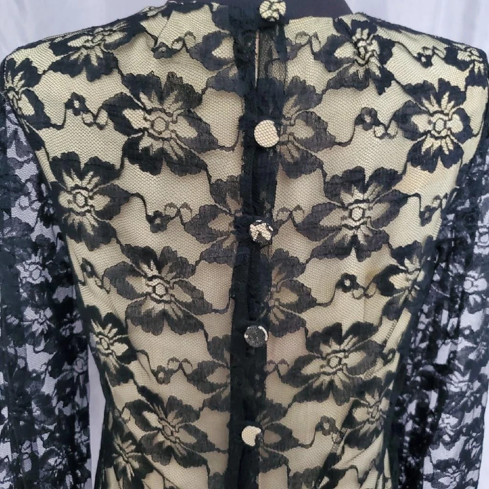 Vestido Vaina De Colección Años 60 Negro Encaje Ilusión Mangas Largas Transparentes Belleza Cóctel S/M Foto 4 de 4