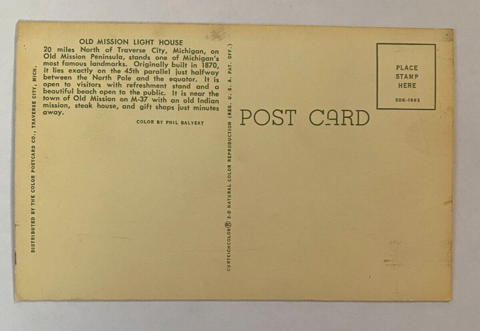 Vintage Postcard Old Mission Light House, North of Traverse City