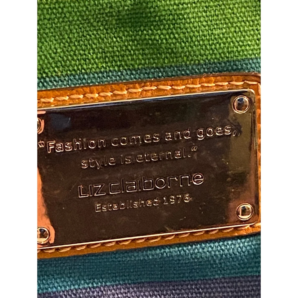 Liz Claiborne Medium Tote Bag Purse in Blue & Green stripes. Pouch incl'd. NWT - Image 3 of 4